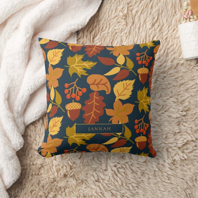 Rustic Black Orange Fall Autumn Pattern Name Throw Pillow (Blanket)