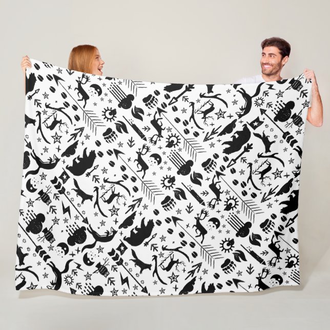 Rustic Black Owl Bear Deer Fox Woodland Pattern Fleece Blanket (In Situ)