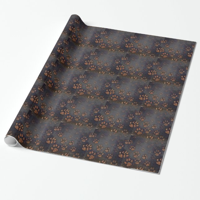Rustic Black Paw Pattern Wrapping Paper (Unrolled)