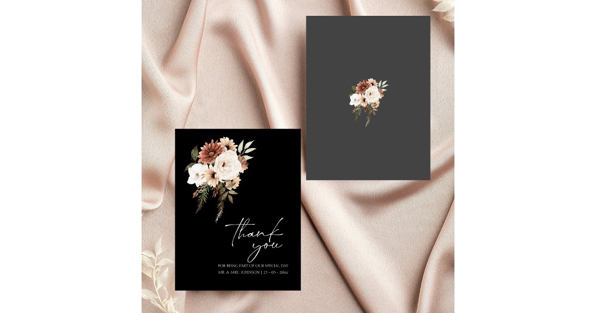 Rustic Black Peach Floral Wedding Thank You Card | Zazzle