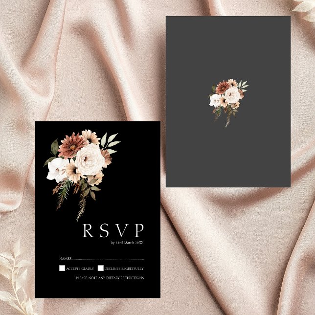 Rustic Black Peach Terracotta RSVP Wedding Card (Rustic Black and Peach Floral Wedding RSVP Card)