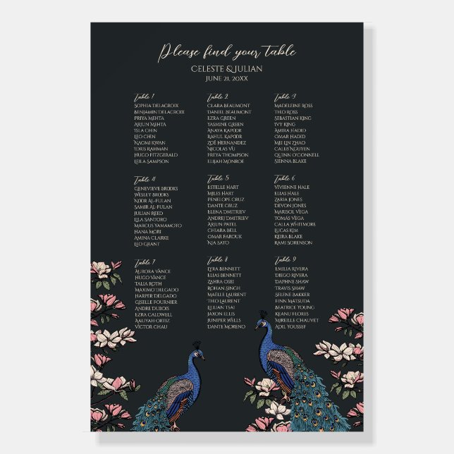 Rustic Black Peacock 9 Table Seating Chart Foam Board (Front)