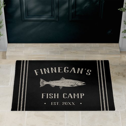 Rustic Black Personalized Fishing Cabin Doormat