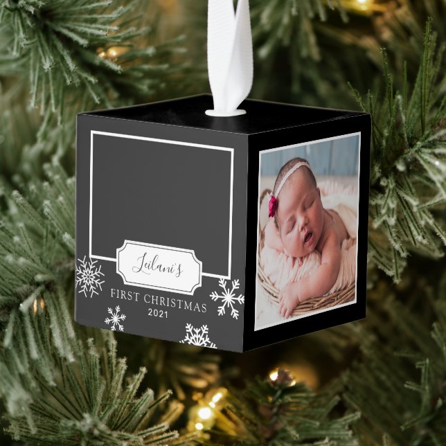 Rustic Black Photo Collage Snow Cube Ornament (Tree)