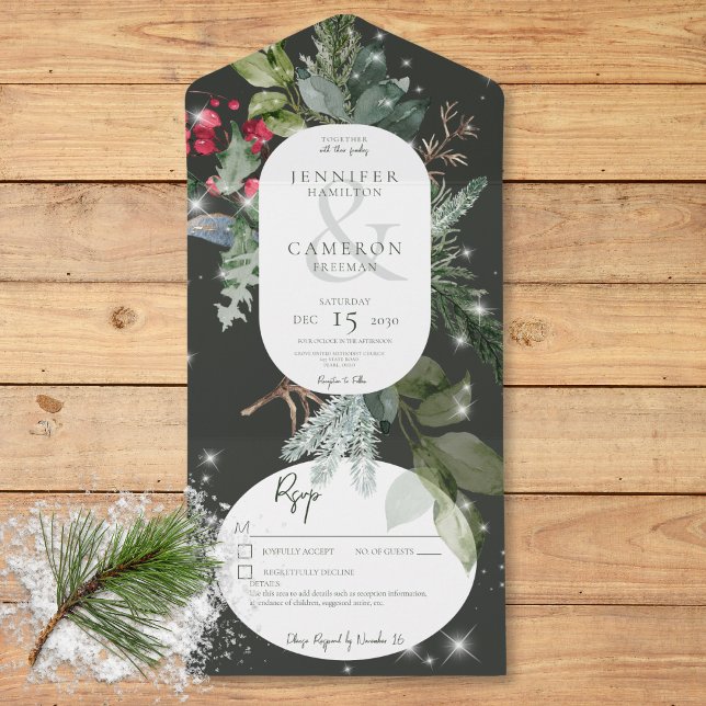 Rustic Black Pine & Holly Winter Sparkle Details All In One Invitation (Rustic Black Pine & Holly Winter Sparkle Details All In One Invitation)