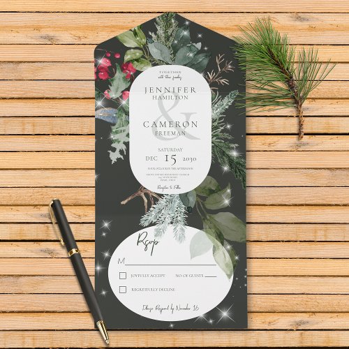 Rustic Black Pine  Holly Winter Sparkle No Dinner All In One Invitation