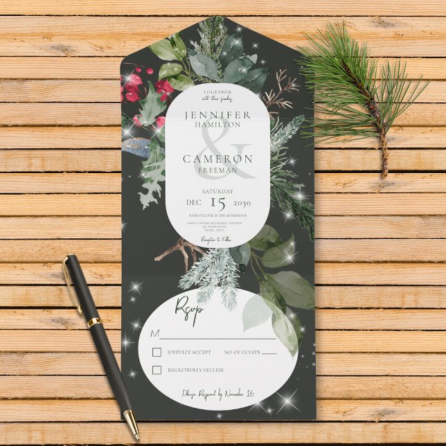 Rustic Black Pine & Holly Winter Sparkle No Dinner All In One Invitation (Also available with a QR code or with dinner selection options.)