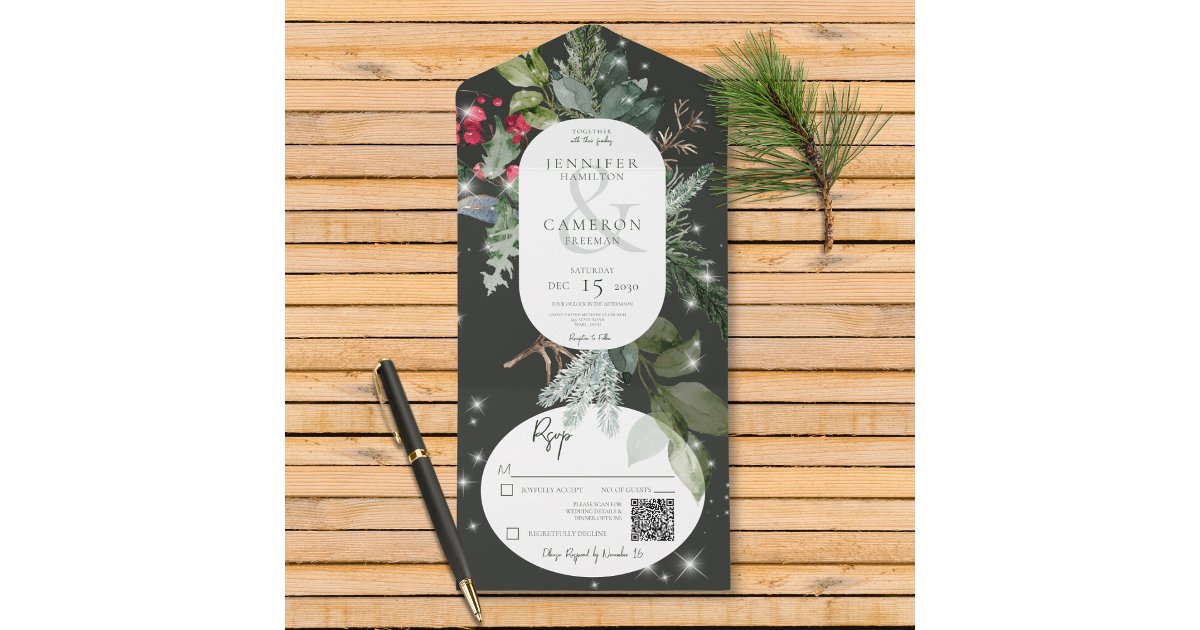 Rustic Black Pine & Holly Winter Sparkle QR Code All In One Invitation ...