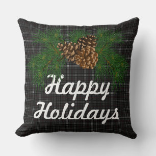 Rustic black plaid pine cone - happy holidays throw pillow