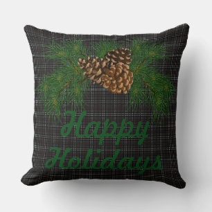 Rustic black plaid, pine cone, happy holidays throw pillow