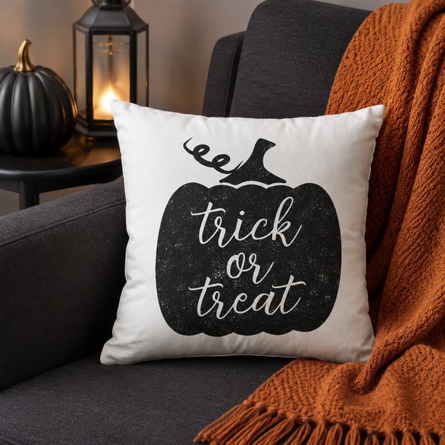 Rustic Black Pumpkin Trick or Treat Script Throw Pillow (Creator Uploaded)