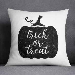 Rustic Black Pumpkin Trick or Treat Script Throw Pillow