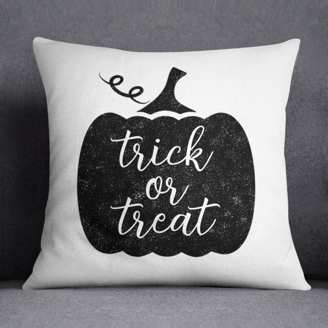 Rustic Black Pumpkin Trick or Treat Script Throw Pillow (Creator Uploaded)