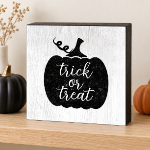 Rustic Black Pumpkin Trick or Treat Script Wooden Box Sign