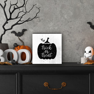 Rustic Black Pumpkin Trick or Treat Script Wooden Box Sign