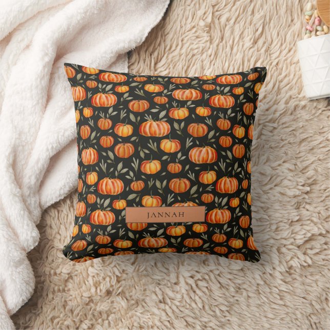 Rustic Black Pumpkins Fall Autumn Pattern Name Throw Pillow (Blanket)