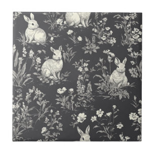 Rustic Black Rabbit Botanical Toile Pattern Ceramic Tile