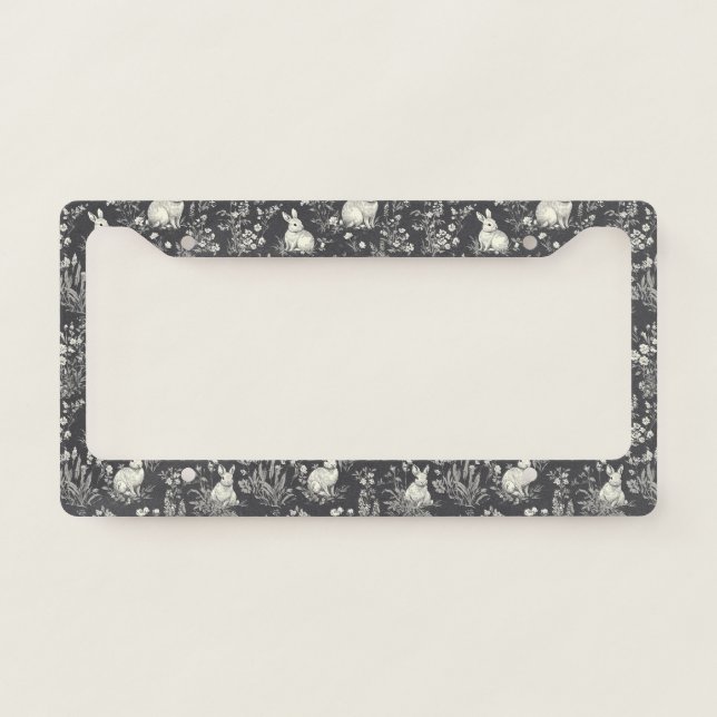 Rustic Black Rabbit Botanical Toile Pattern License Plate Frame (Front)