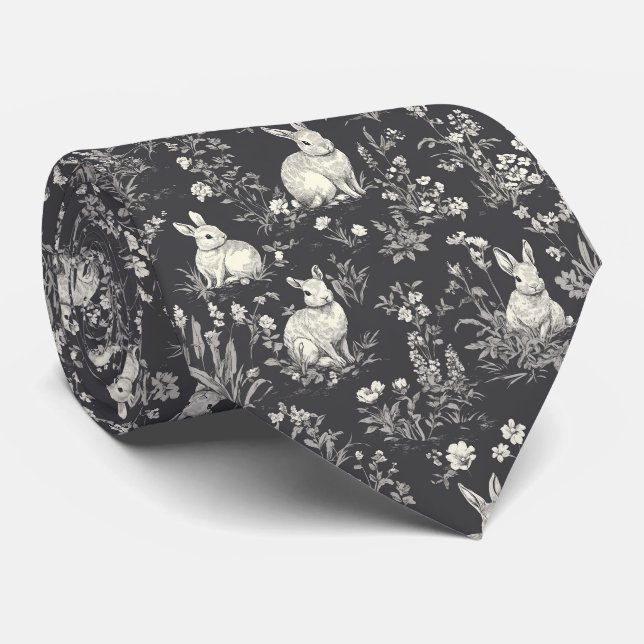 Rustic Black Rabbit Botanical Toile Pattern Neck Tie (Rolled)