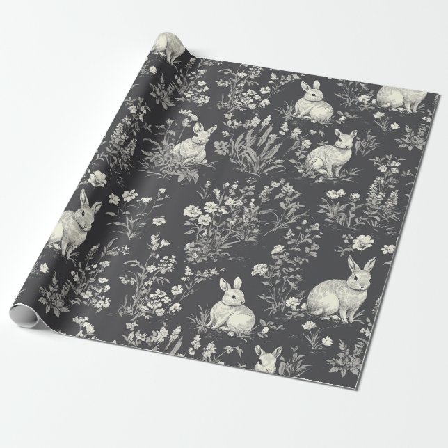 Rustic Black Rabbit Botanical Toile Pattern Wrapping Paper (Unrolled)