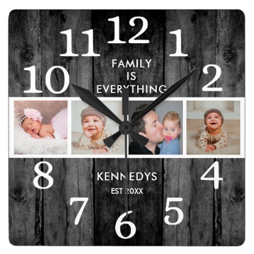 Rustic Black Reclaimed Wood 4 Photo Family Quote Square Wall Clock
