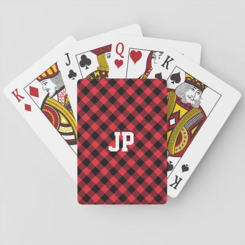 Rustic Black Red Buffalo Plaid Initials Playing Cards