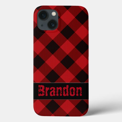 Rustic Black red buffalo plaid _monogrammed  iPhone 13 Case