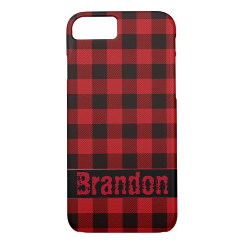 Rustic Black red buffalo plaid _monogrammed iPhone 87 Case