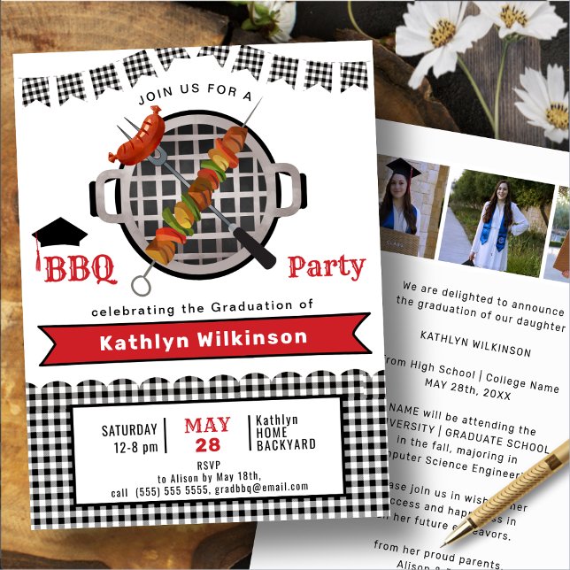 Rustic Black Red Plaid 3 Photo Graduation BBQ Invitation (Creator Uploaded)