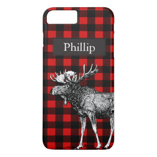 Rustic Black & Red Plaid Moose Custom Name iPhone 8 Plus/7 Plus Case