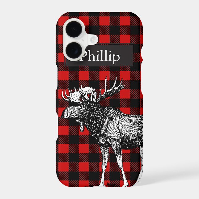 Rustic Black & Red Plaid Moose Custom Name Iphone Case (Back)