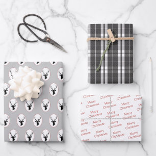 Rustic Black Reindeer with Black and White Tartan Wrapping Paper Sheets