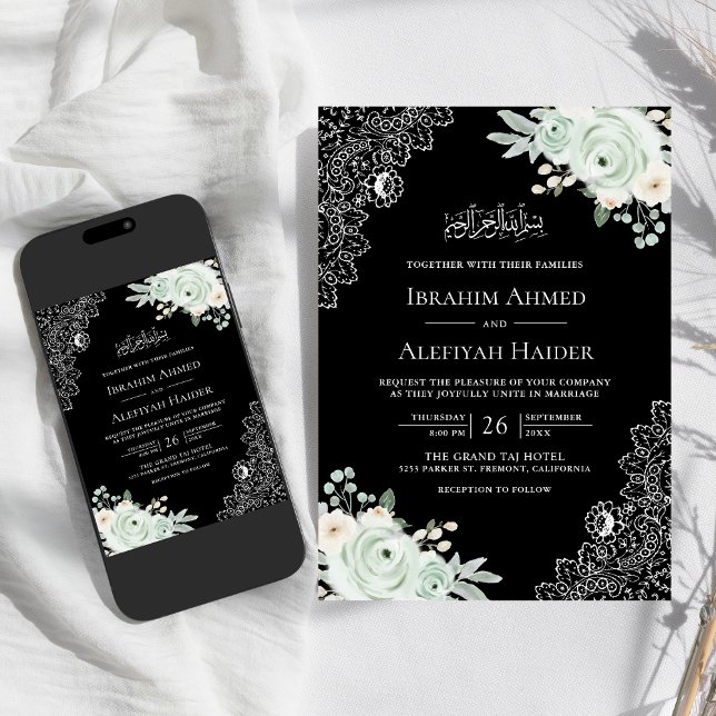 Rustic Black Sage Green Floral Lace Muslim Wedding Invitation (Creator Uploaded)