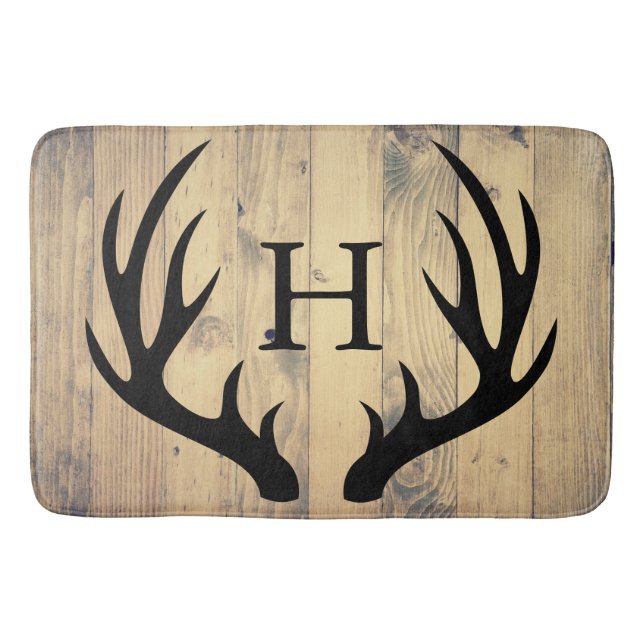 Rustic Black Silhouetted Deer Antlers Barn Wood Bath Mat (Front)
