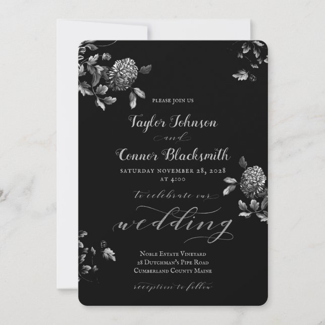 Rustic Black Silver Floral Calligraphy Wedding Invitation (Front)