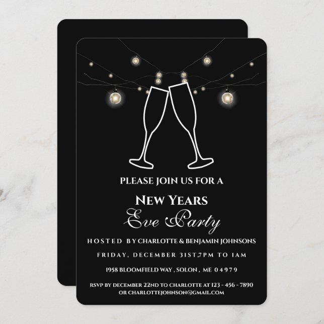 Rustic Black String Lights New Years Eve Party Invitation (Front/Back)