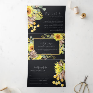 RUSTIC BLACK SUNFLOWER EUCALYPTUS FLORAL WEDDING Tri-Fold INVITATION