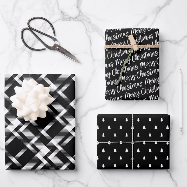Rustic Black Tartan Plaid Merry Christmas Pattern Wrapping Paper Sheets (Front)
