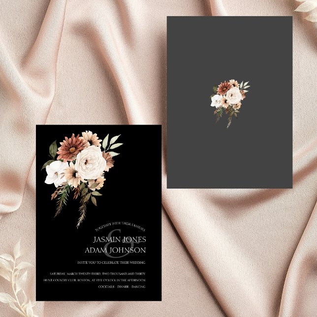 Rustic Black Terracotta and Peach Floral Wedding Invitation (Rustic Black and Peach Floral Wedding Invitation)