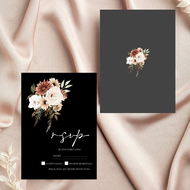 Rustic Black Terracotta Floral Wedding RSVP Card (Rustic Black and Peach Floral Wedding RSVP)