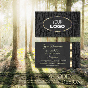 Rustic Black Tree Bark Grain Oval Gold Border Logo Business Card