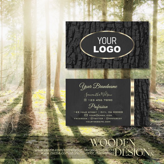 Rustic Black Tree Bark Grain Oval Gold Border Logo Business Card (Creator Uploaded)