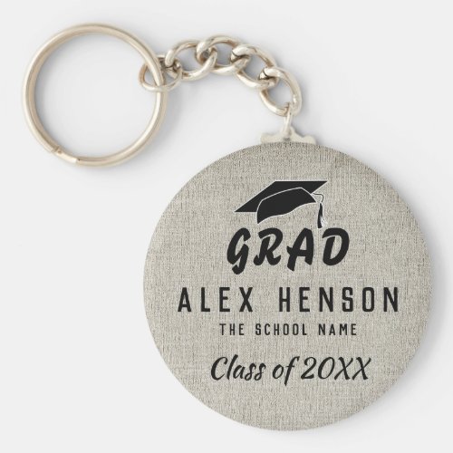 Rustic Black Typography Class, Grad Graduation Keychain - Rustic Black Typography Class, Grad Graduation keychain with a grad`s name, school name, class year and black graduation cap on beige rustic background. The text is a trendy black typography. Personalize the keychain and make a great personalized gift and keepsake for a graduate.