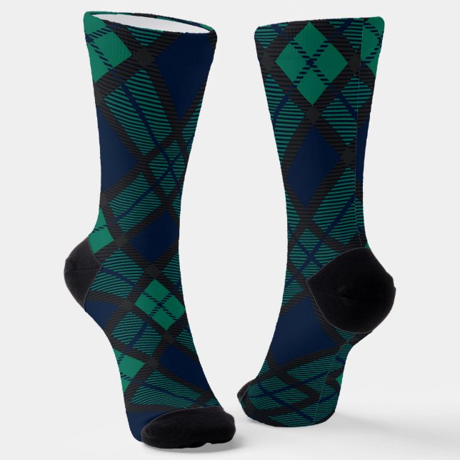 Rustic Black Watch Plaid Green Blue Tartan Socks (Angled)