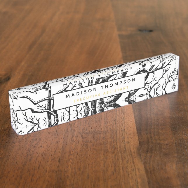 Rustic Black & White Abstract Tree Branches Desk Name Plate (Side)
