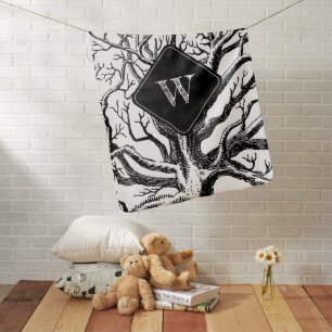 Rustic Black White Abstract Tree Branches Monogram Baby Blanket