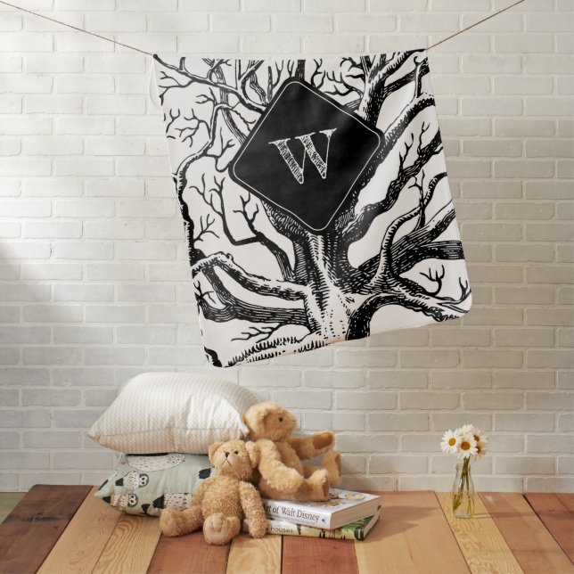 Rustic Black White Abstract Tree Branches Monogram Baby Blanket (In Situ)