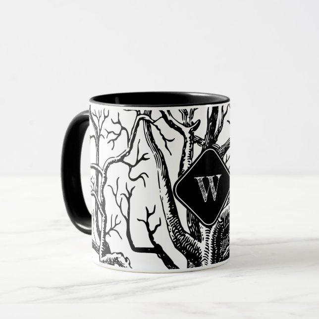 Rustic Black White Abstract Tree Branches Monogram Mug (Front Left)