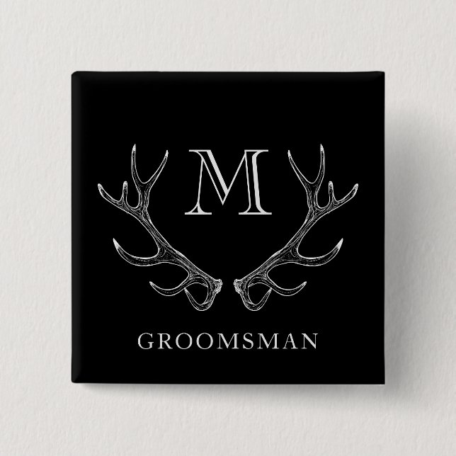 Rustic Black & White Antler Custom Groomsmen Gift Button (Front)