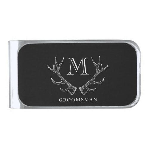 Rustic Black &amp; White Antler Custom Groomsmen Gift Silver Finish Money Clip